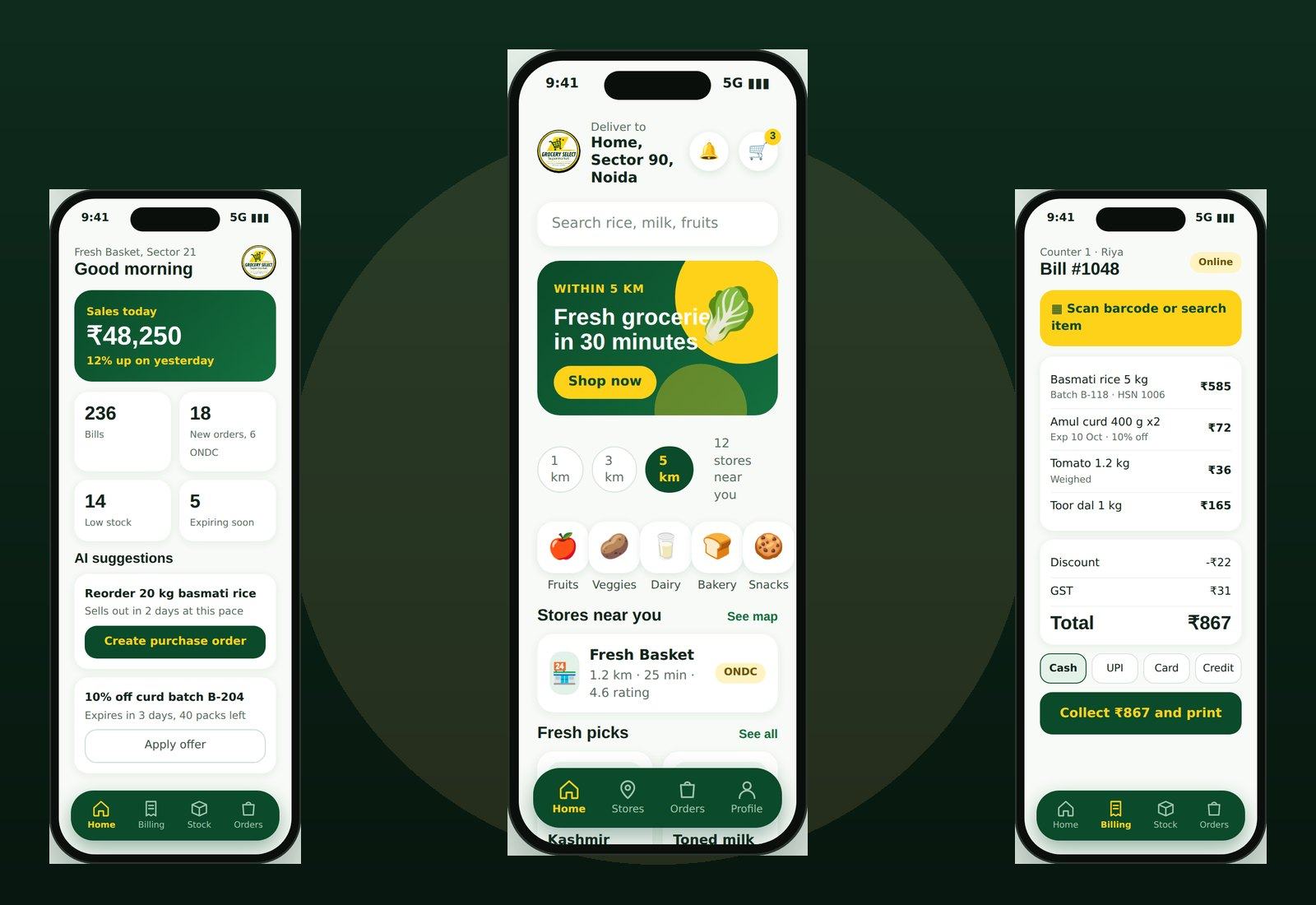 Grocery Select customer app, owner dashboard and POS billing screens